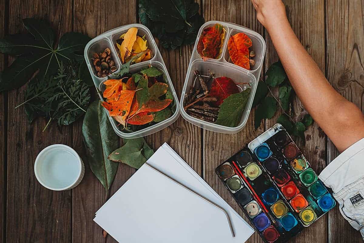 Supplies for making leaf art creations with kids