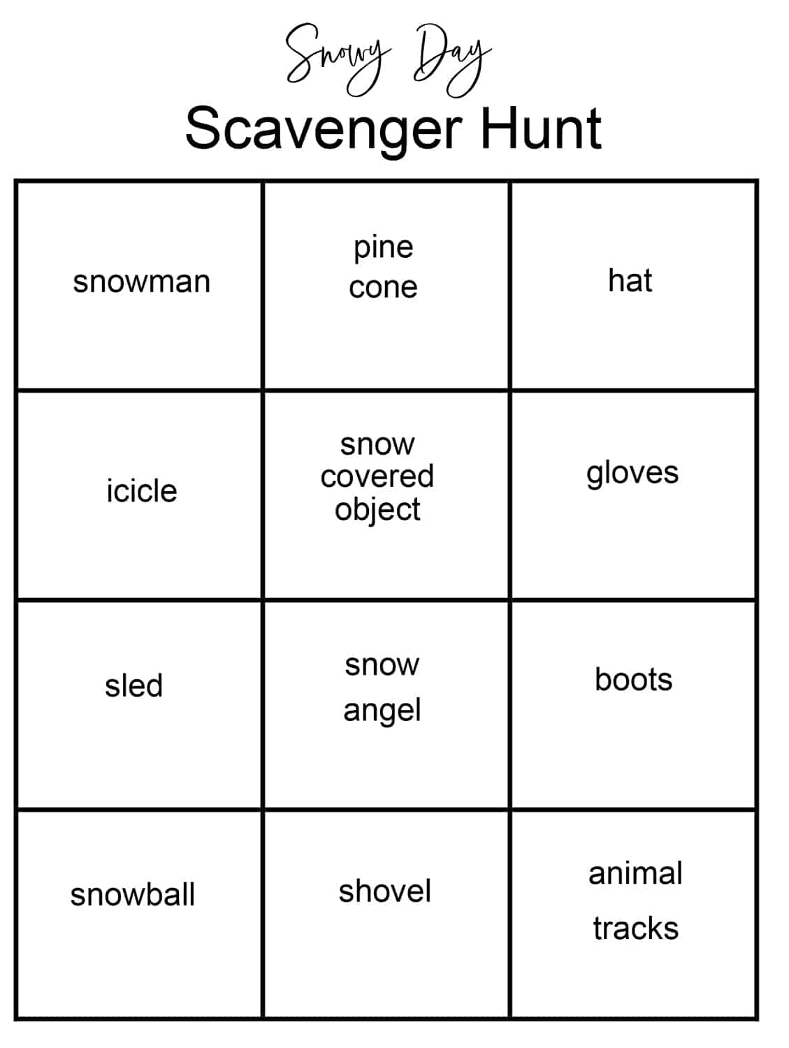 Snowy Day Outdoor Activity - winter photo scavenger hunt