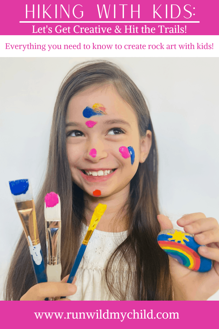 A child is excited to draw, paint, and create rock art! She is going to take the painted rocks out hiking so she can hide them for other hikers. Children love to get creative and go outside. 