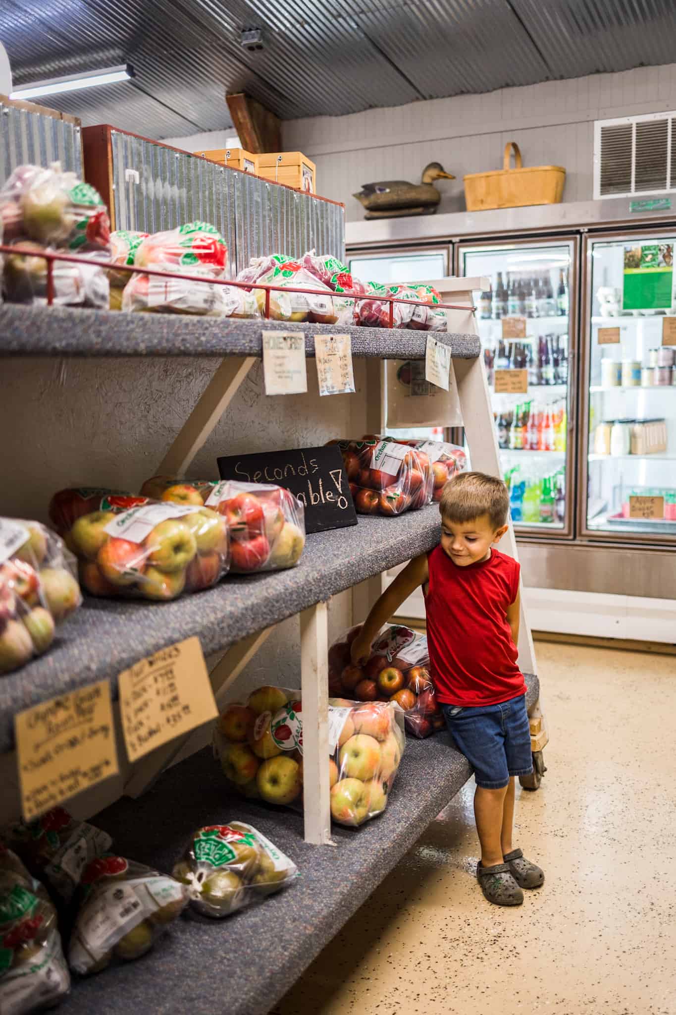 Boy looking at apples in store 