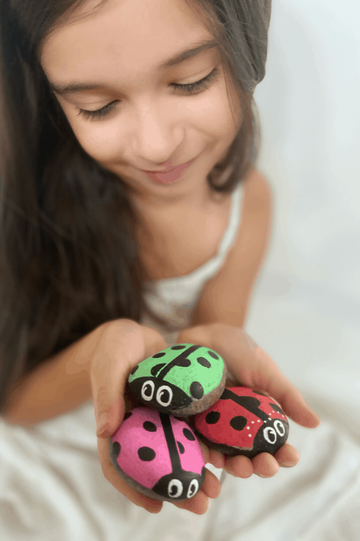 little girl with painted lady bug rocks