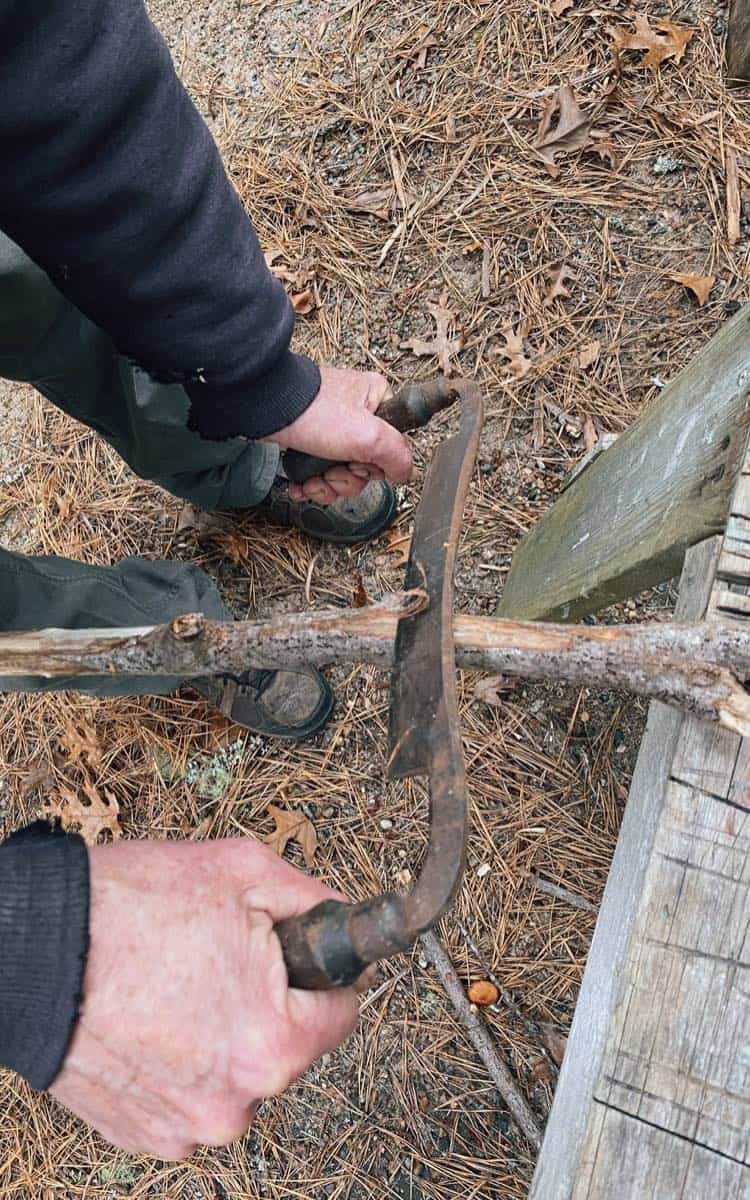 using a curved draw to remove the bark from the hiking stick