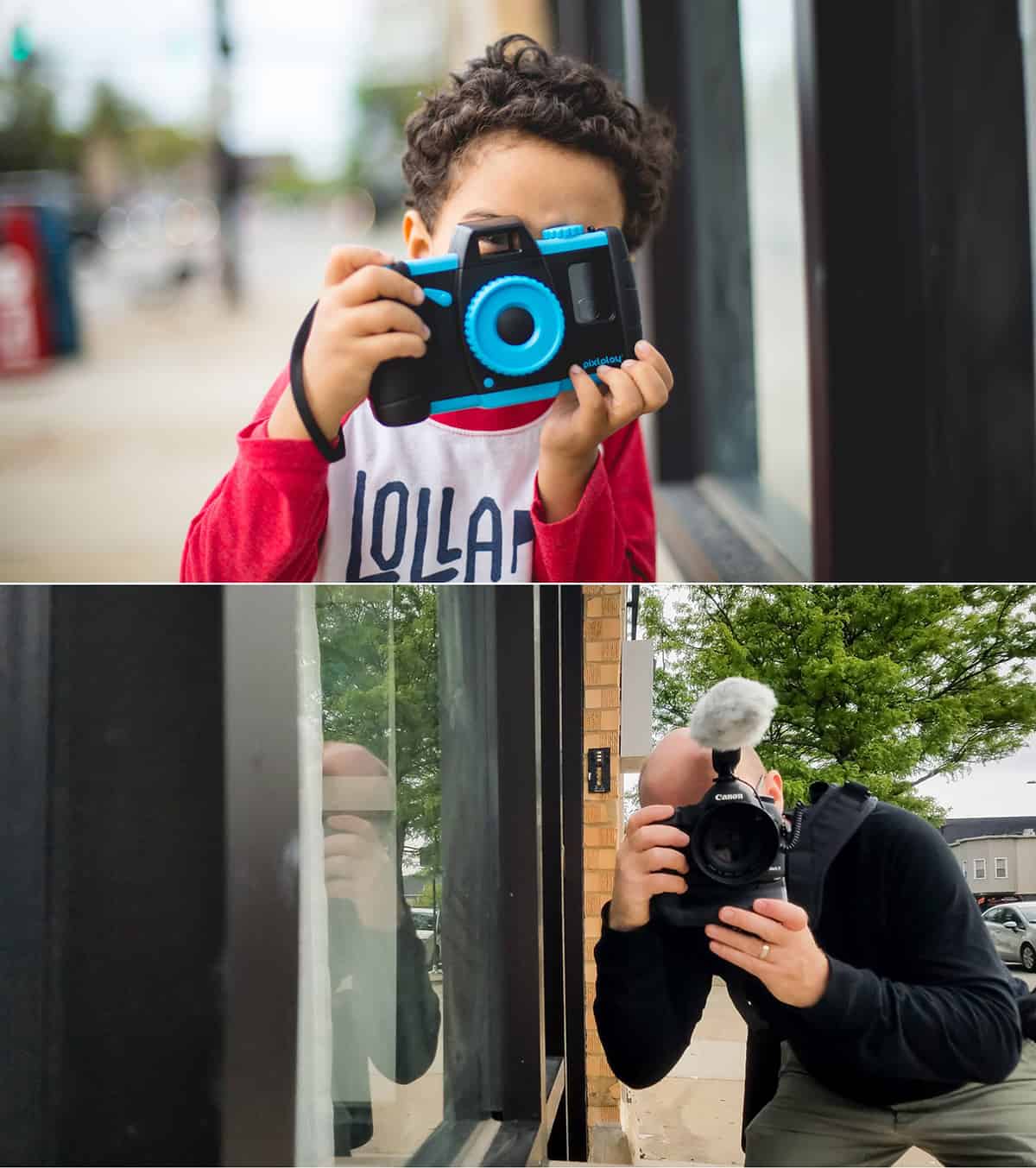 Two images showing what a son and father taking photos of each other.
