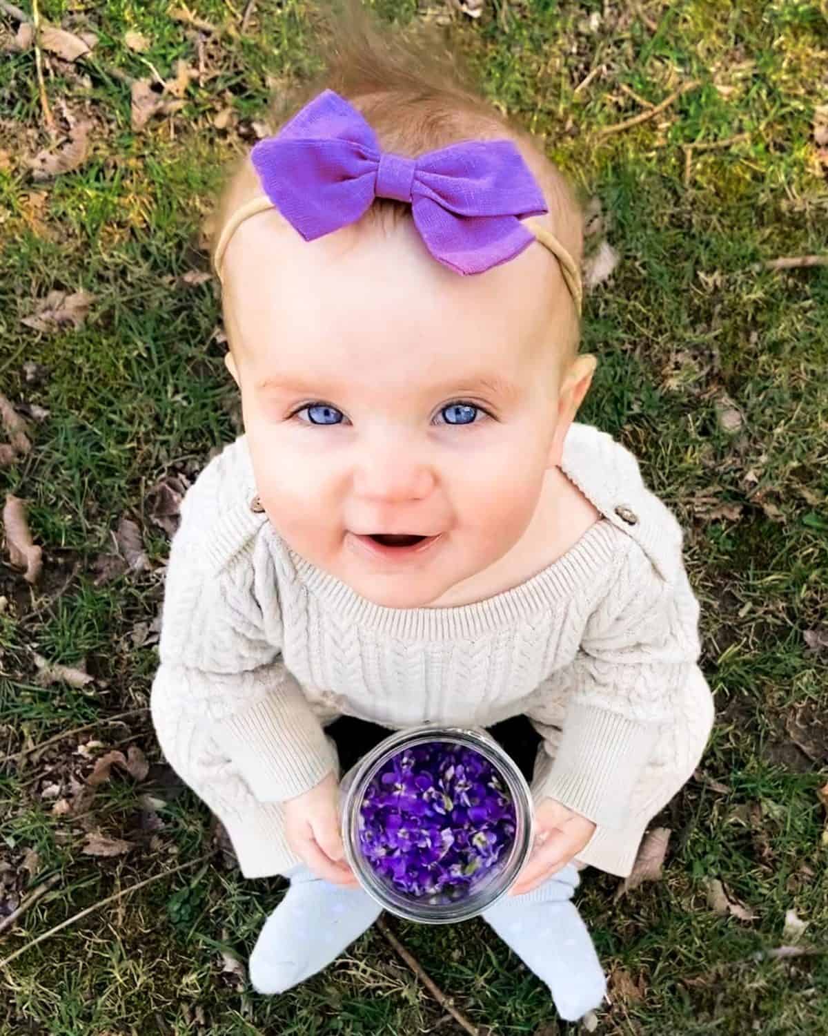 Baby with violet bow holding mason Jar of violets - foraging violets with kids