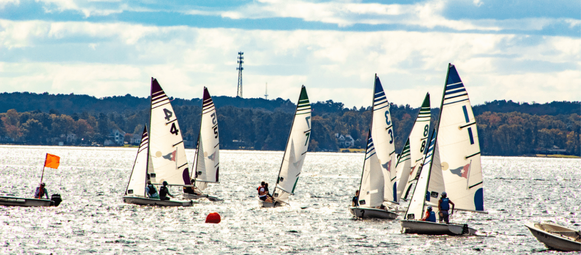 a group of 420 sailboats on a lake