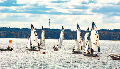 a group of 420 sailboats on a lake