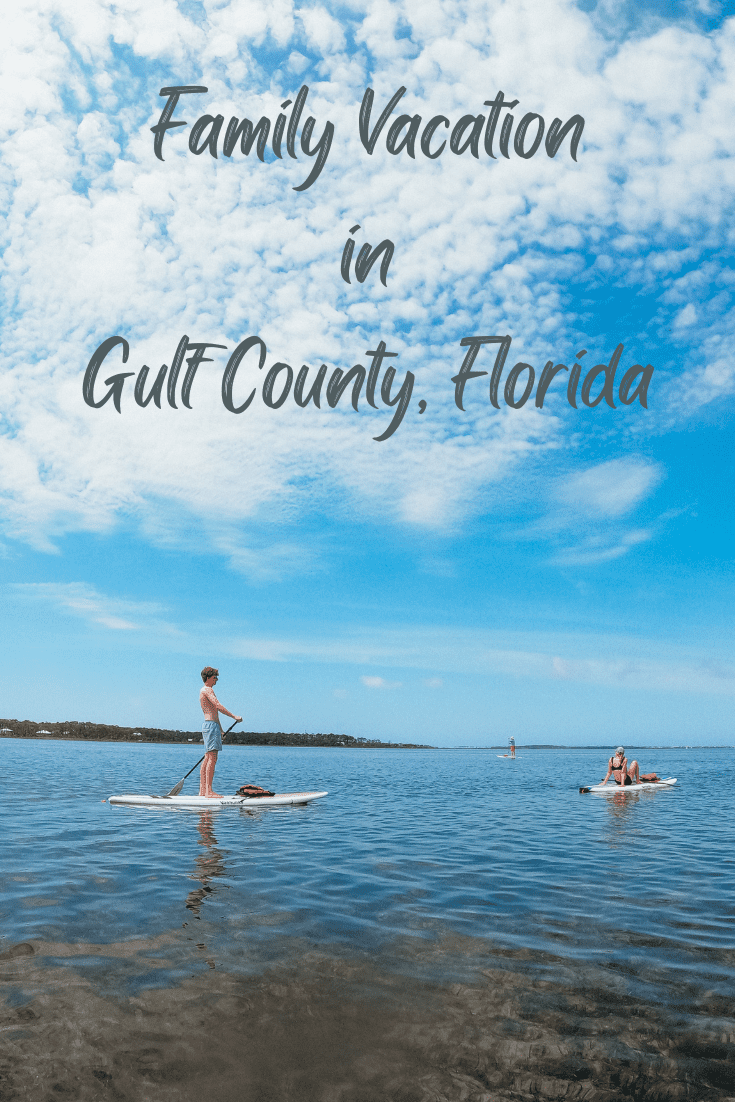 kids on paddle boards with blue sky and whispy clouds text that reads "family vacation in gulf county florida"
