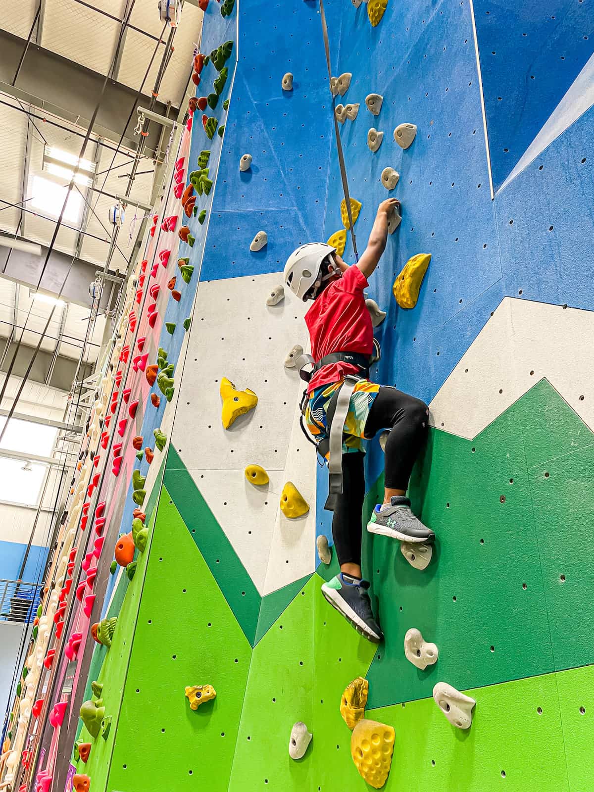 young boy climbing an indoor rock wall