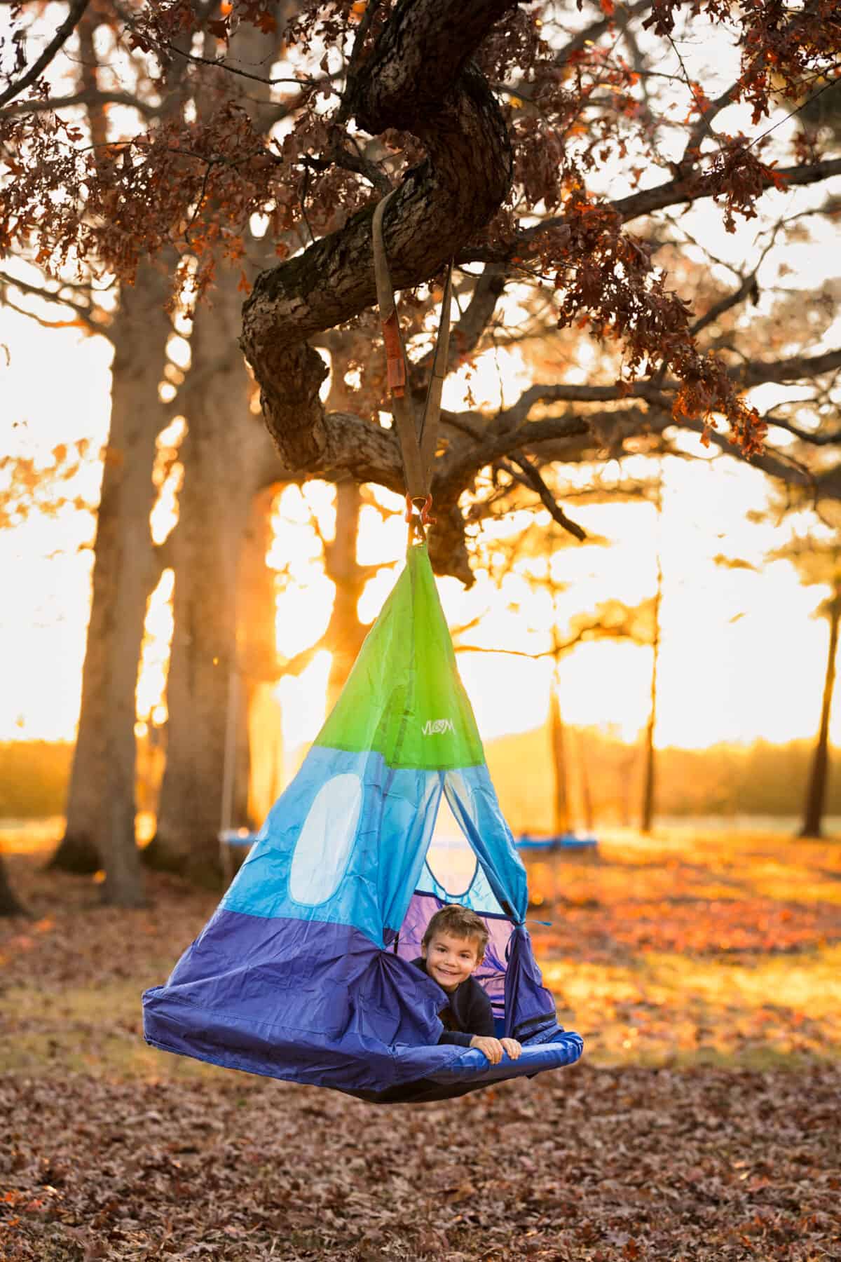 Child looking out of a hanging tent swing
