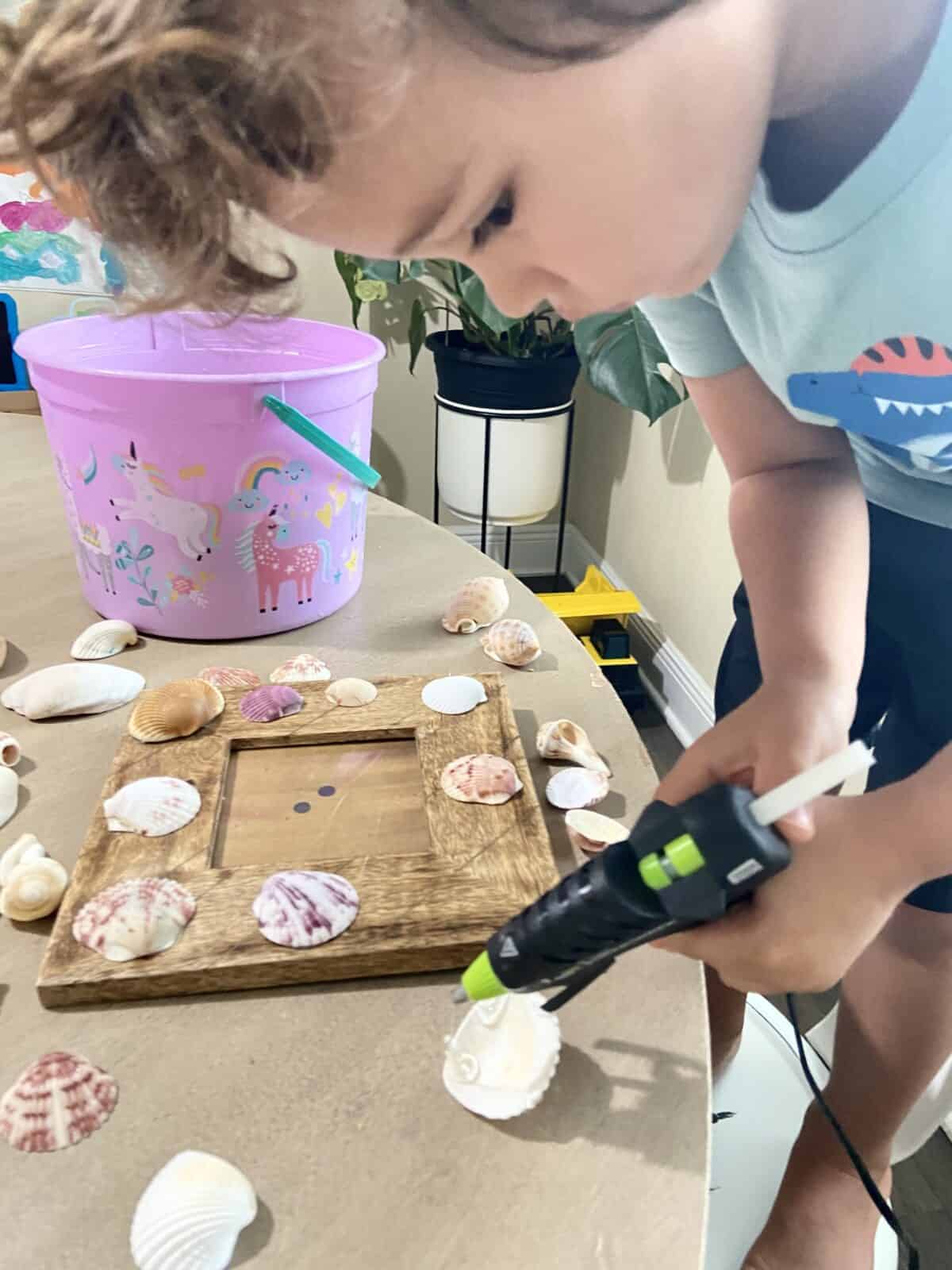 making seashell photo frames with kids