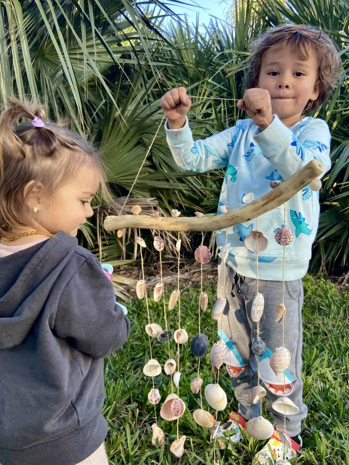 seashell crafts for kids - shell and driftwood wind chimes