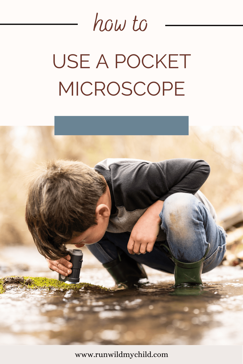 child using microscope to look at moss in a creek
