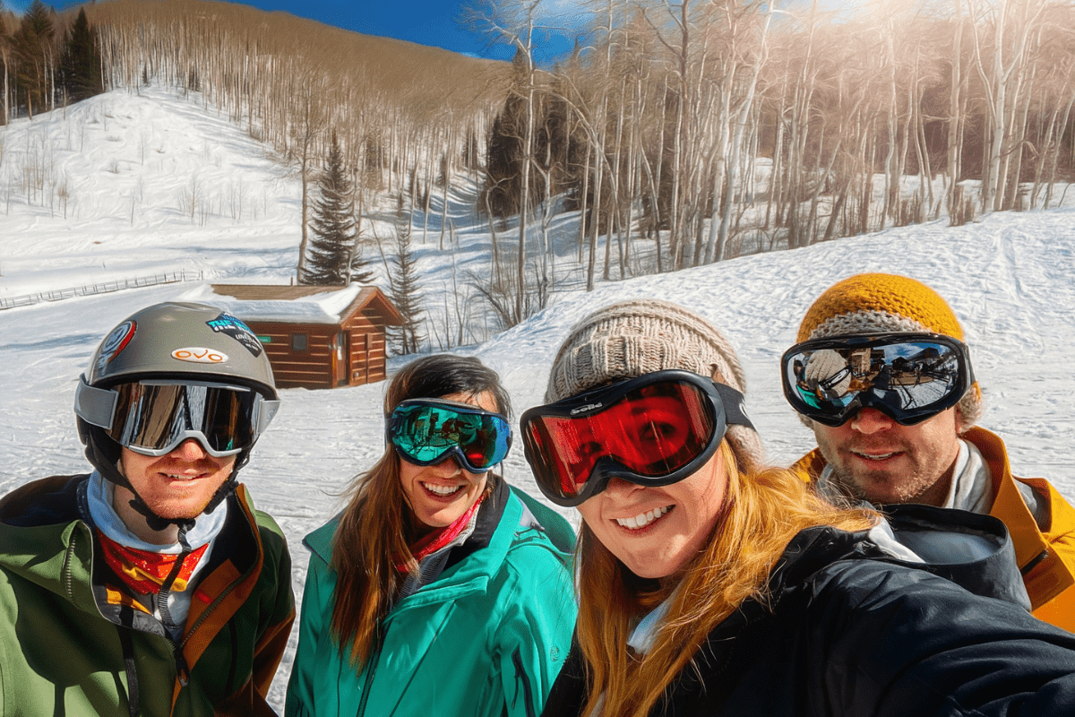 Four friends wearing snow gear taking selfie in the sunny snow fields.