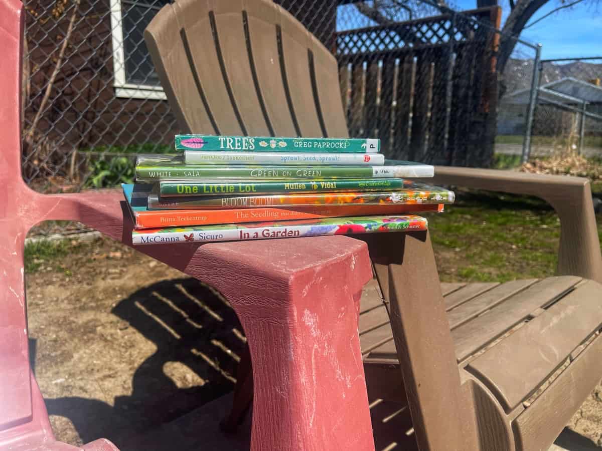 a stack of library books outdoors