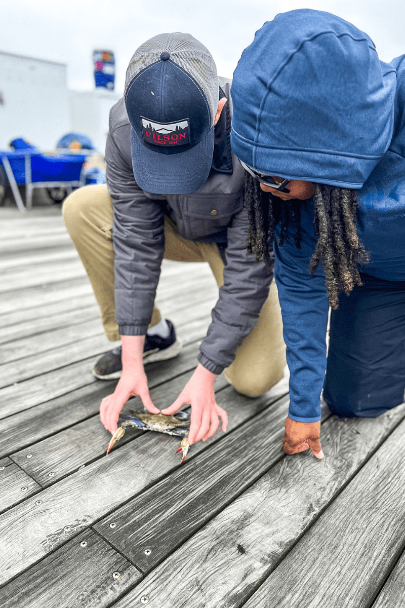teen boy kneeling on the dock with an pro showing him how to correctly and carefully pick up a crab without getting clawed