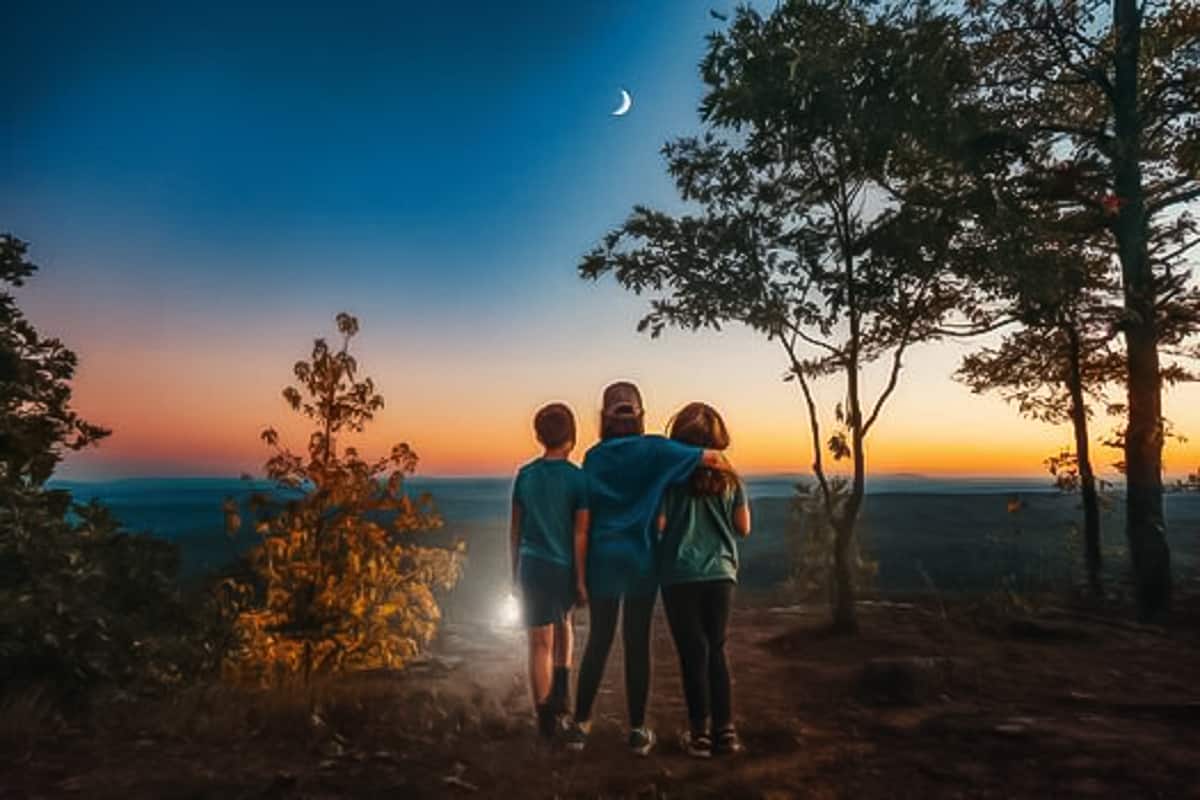 Three children looking at a crescent moon in the night sky.