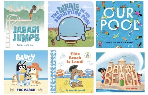 Six nature books about swimming. Three about pools and three about the beach.