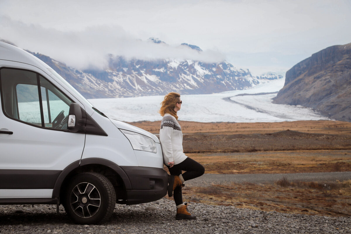 Campervan in front of glacier, Iceland