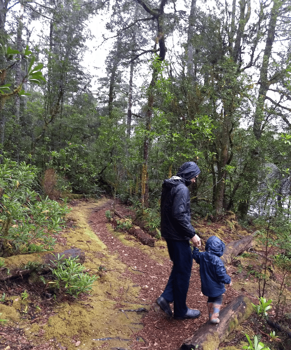Parent and toddler hiking in the rain 