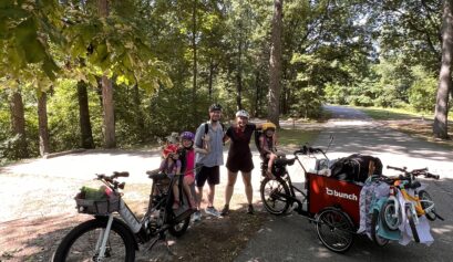 About to leave our camp site! Mark rode the RadioFlyer eBike, while I rode our Bunch Bike cargo eBike.