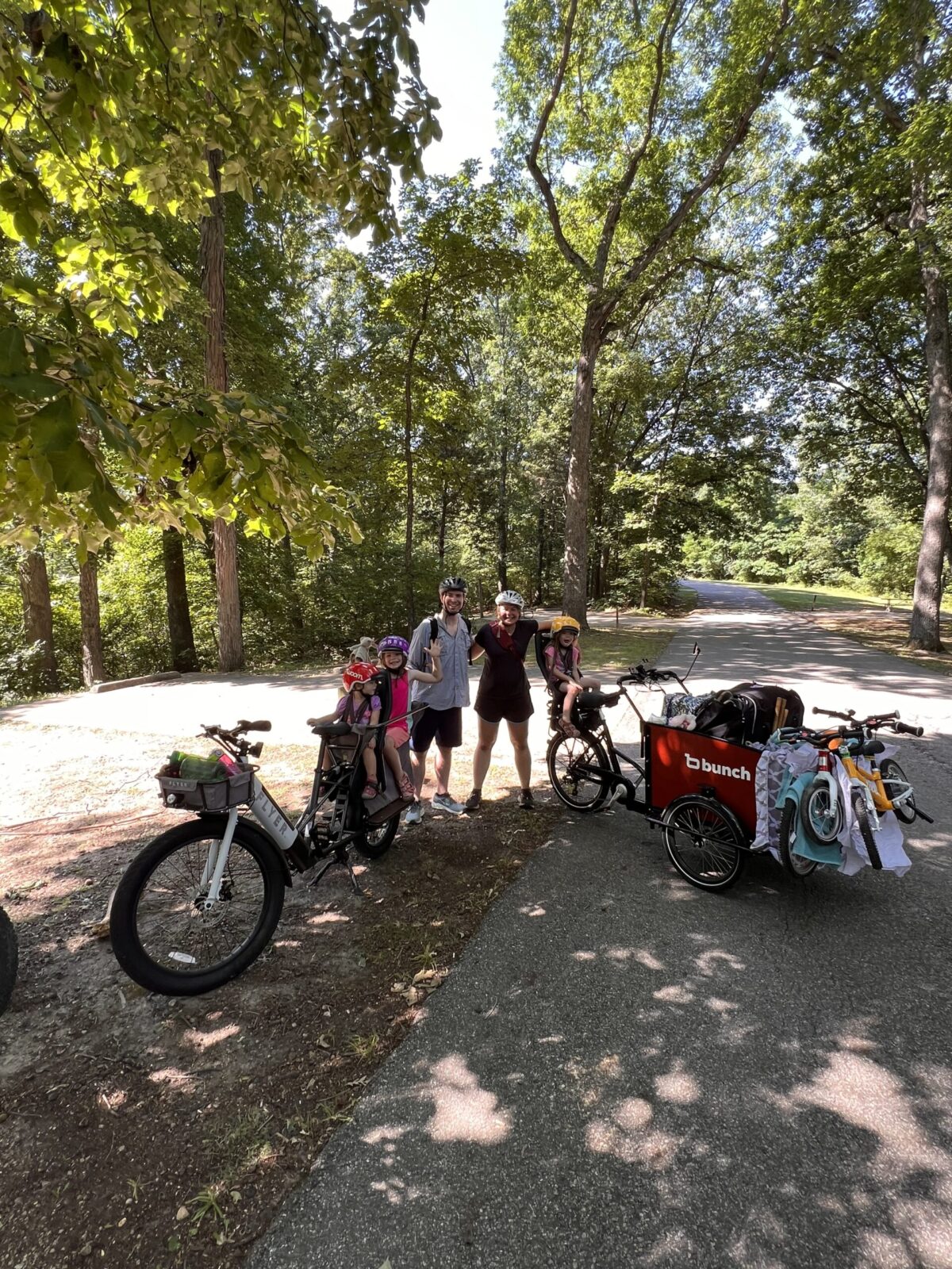 About to leave our camp site! Mark rode the RadioFlyer eBike, while I rode our Bunch Bike cargo eBike. 