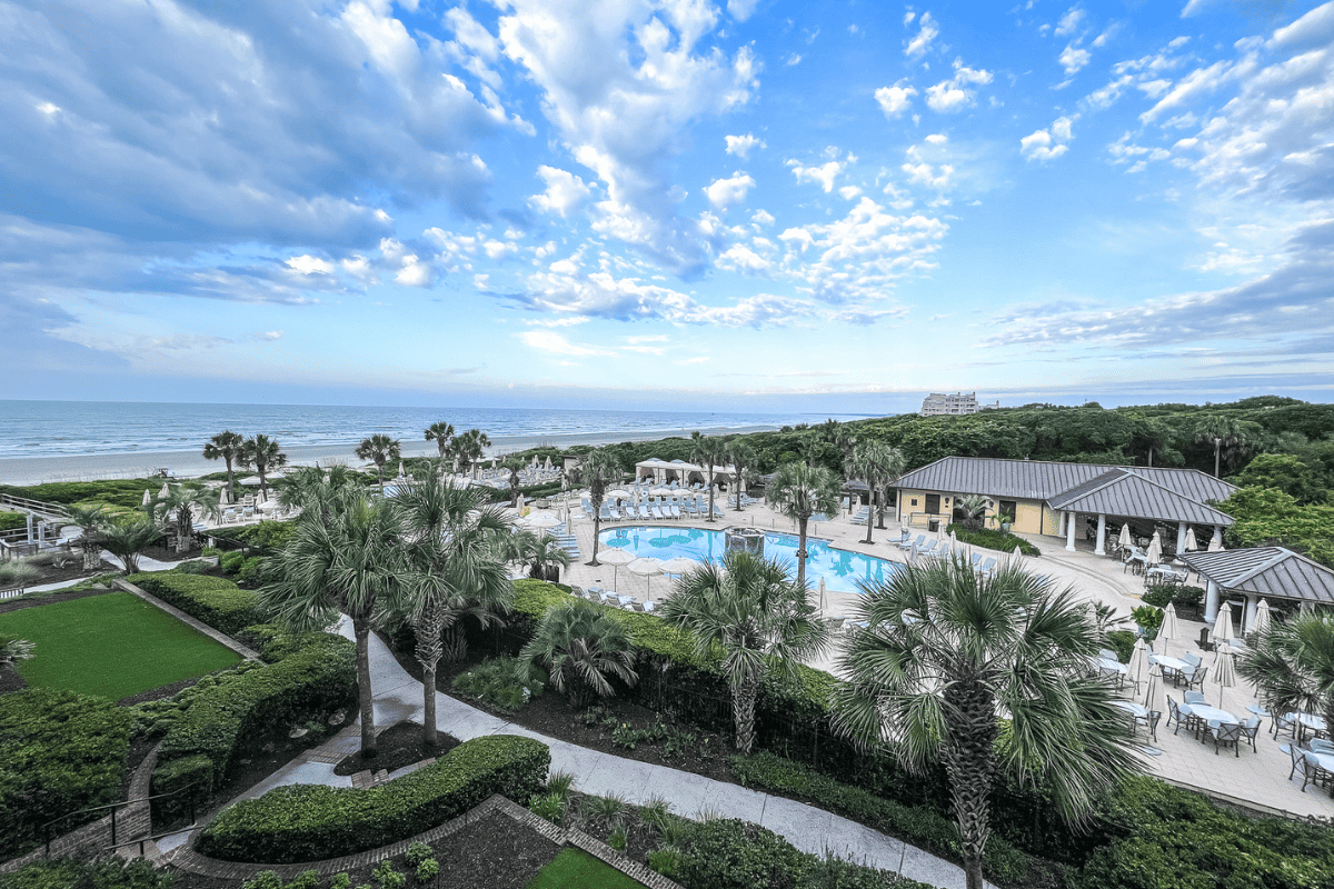 overview of the pools and beachfront of the Sanctuary hotel on Kiawah Island