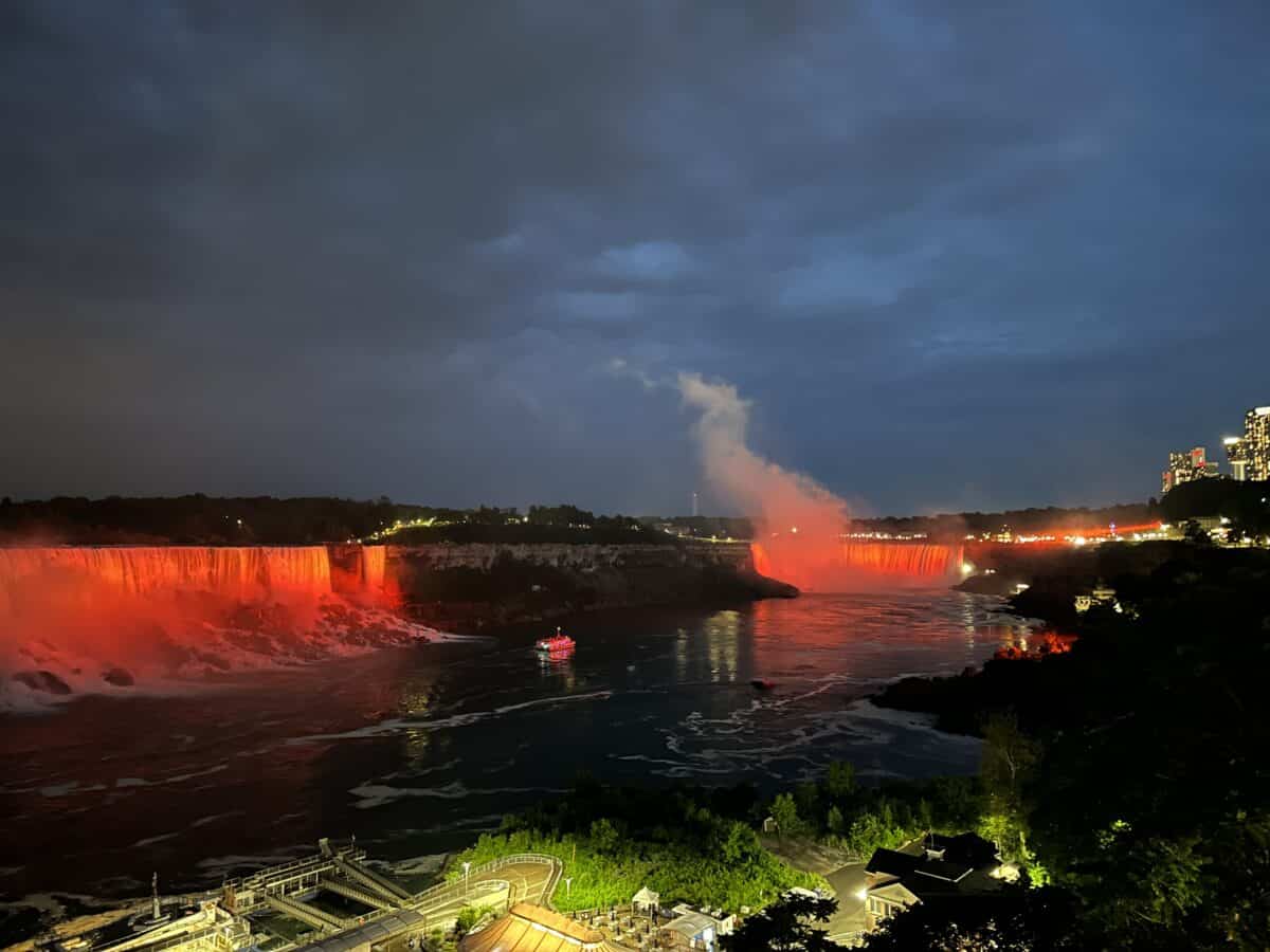 Niagara Falls Lit Up red at night 