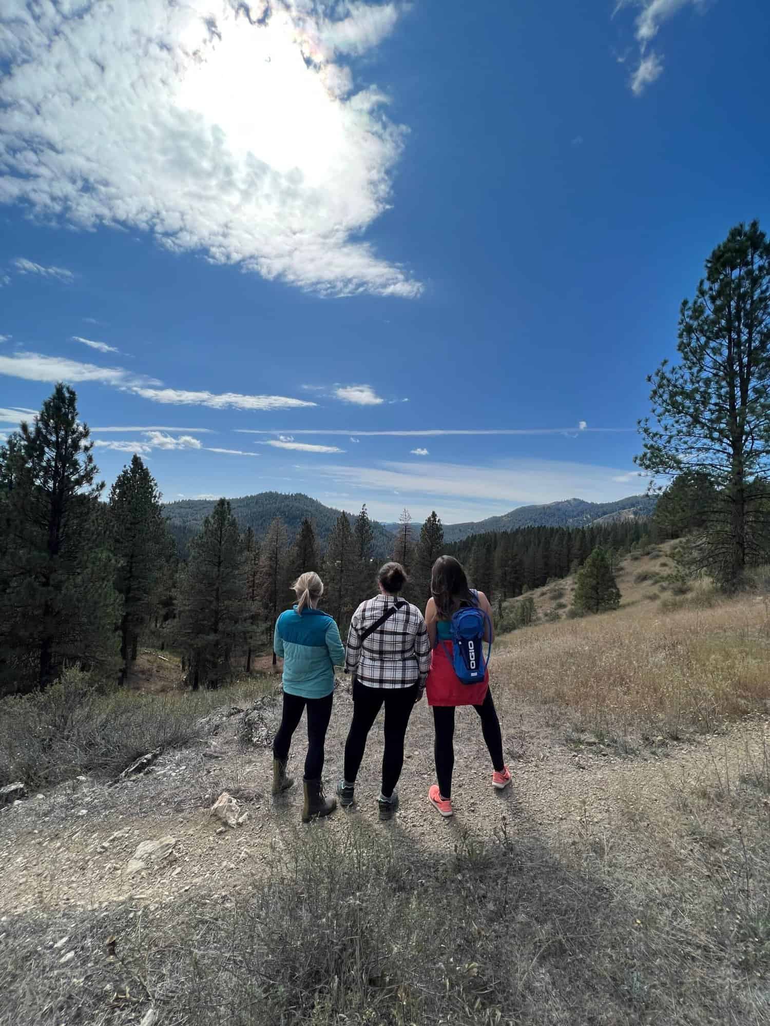 Women's History Month: Adventurers, Activists, and Nature-Lovers. Three women on a hiking trail looking down the mountain.
