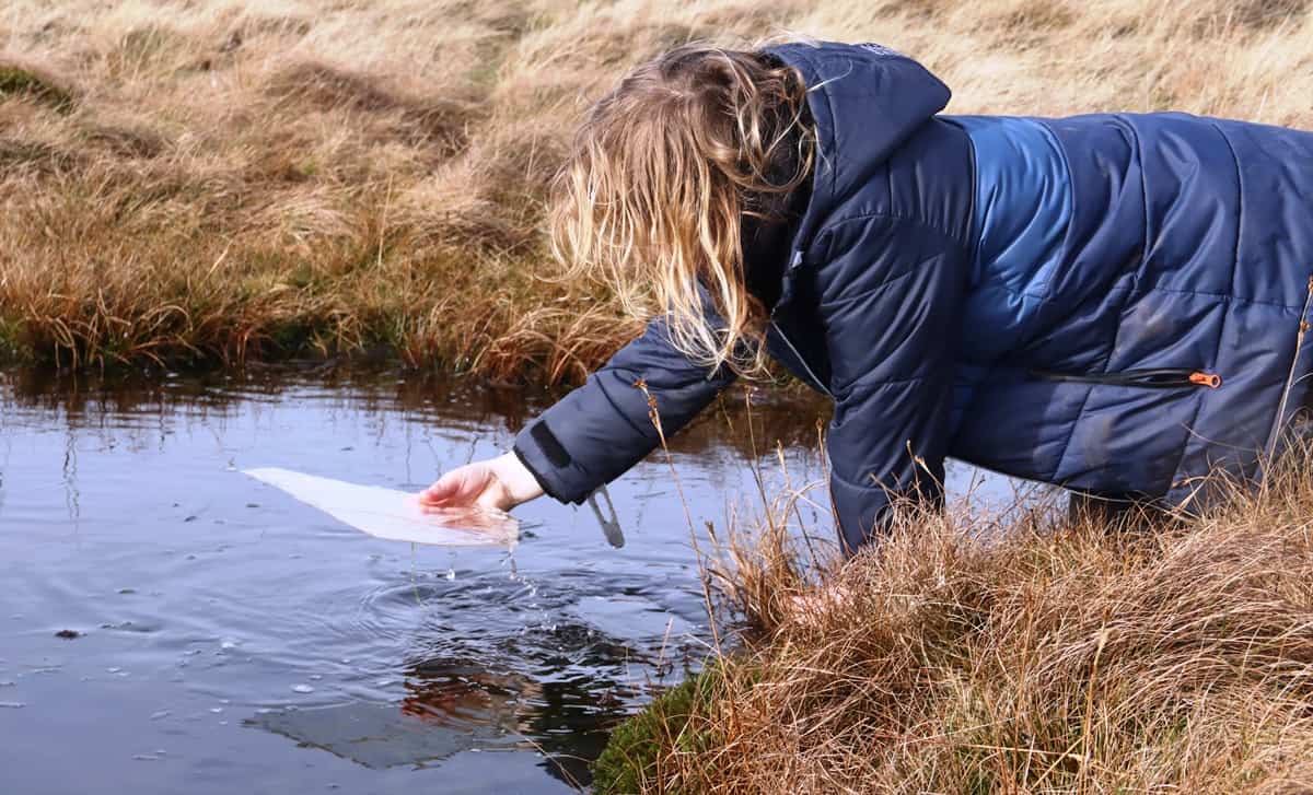 a child exploring a frozen water hole