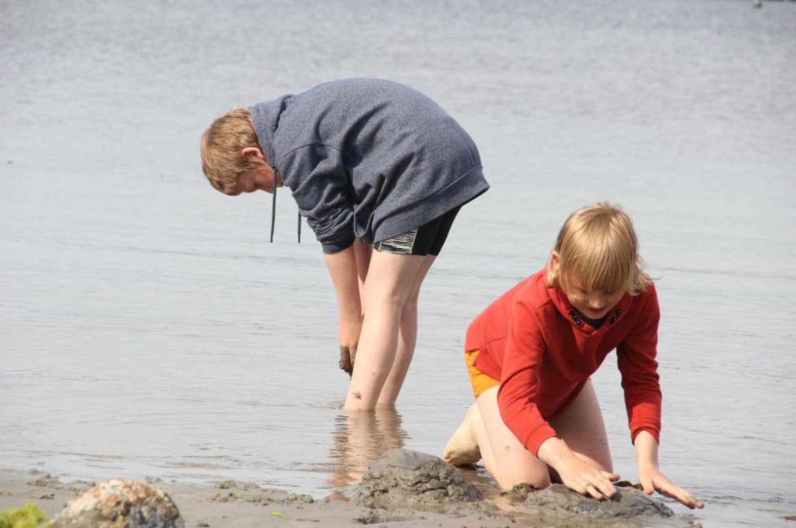 boys exploring mud