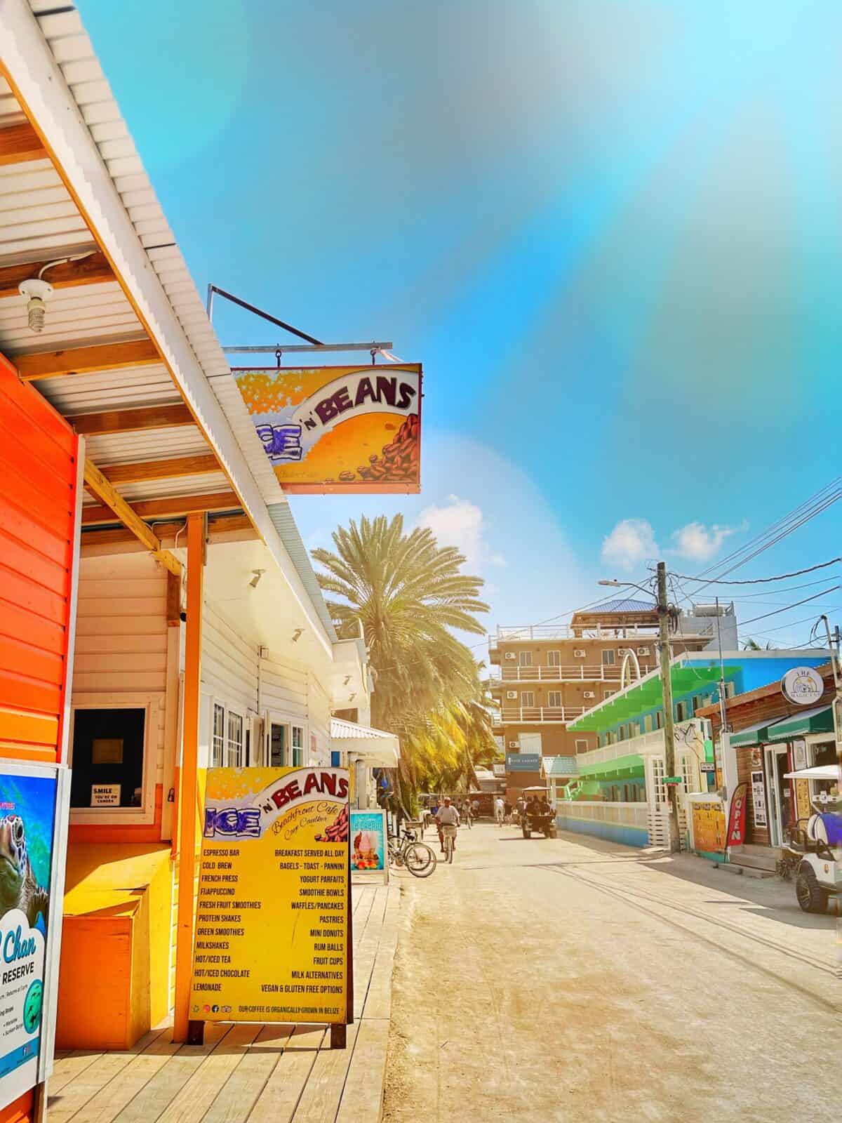 colorful shops on street in Caye Caulker Belize