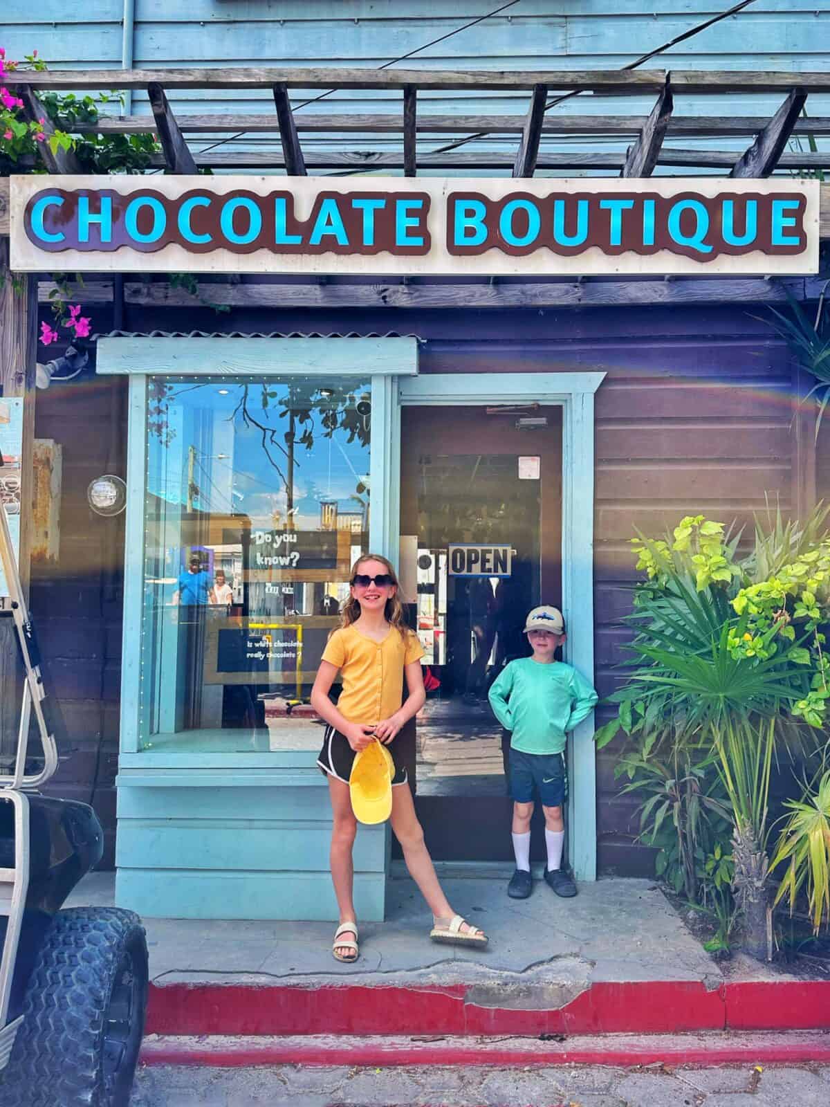 kids outside chocolate boutique in San Pedro belize